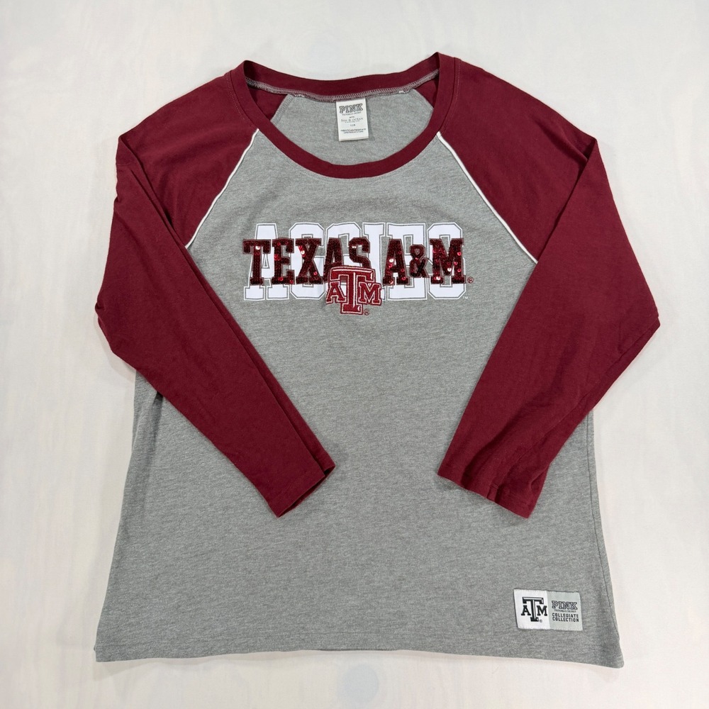 PINK Texas A&M Raglan Women L Gray Maroon Sequin Logo Gameday Tee Collegiate